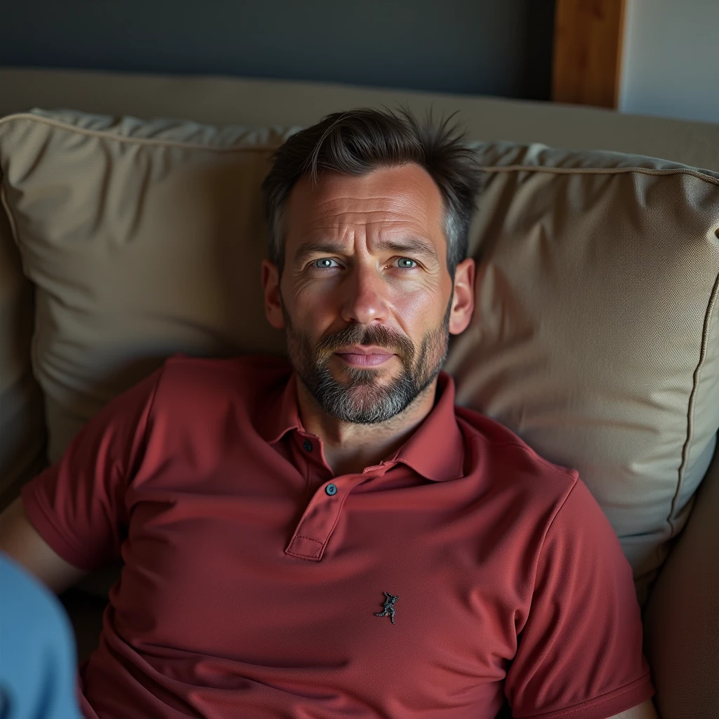 makes an image of a white man, model type, at 39 years old, com barba cortsda, dark hair, blue colored eyes, red shirt, blue shorts, Lying on a couch