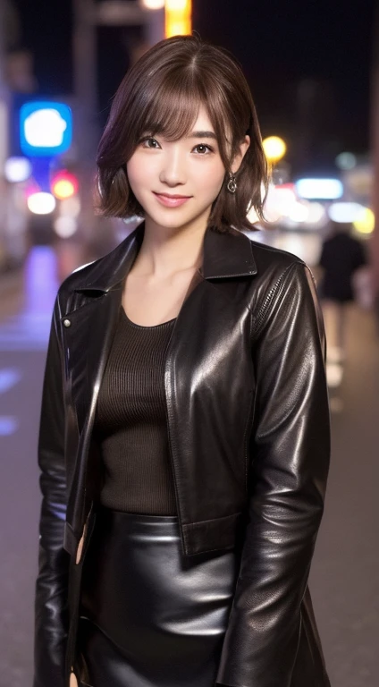 (((Yumikanoku))),((Highest quality, 8k, masterpiece :1.3)), One Girl, smile, whole body, Slim face, Beautiful woman, (Dark brown hair), ((Leather black suit,Black short tight skirt)), Highly detailed face, Detailed eyes, double eyelid, Bokeh Background, Slim face, City of night, Neon Light,outside, Tokyo Street,Japan