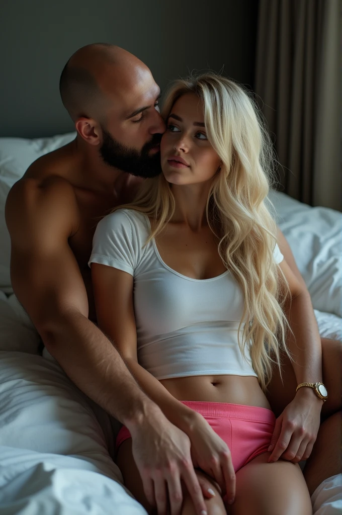 (Photorealsitic:1.4)、(masterpiece:1.3)、(top-quality:1.4)、 sexy well proportioned full body, innocent and sexy little woman sleevless white t-shirt , pink yoga shorts, tall black bald ((muscular bulged man)) white thong lying on bed kissing her neck his hands in her shoulders, long blond hair,alternative vibe,middle age,beautiful blue eyes,freckles,small breasts,subtle cleavage,tight body,slutty,candid picture,(cozy night bedroom), dynamic angle,vibrant lighting, high contrast,dramatic shadows,highly detailed,detailed skin,depth of field,film grain, bright expression、extremely beautyful girl、Extraordinary beautiful girl、Detailed cute and beautiful face、Beautiful bangs、Glowing white shiny skin、facial hairs、Bangs that extend to the face、Bangs between the eyes、Super long blonde hair,