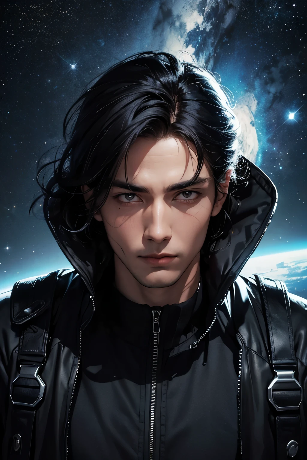 Outer space exists behind the man. beautiful man. 23 years old. Black hair. The man is wearing a jacket. The man is looking at the camera with a serious expression. Behind the man, a large space battleship can be seen sailing through space.