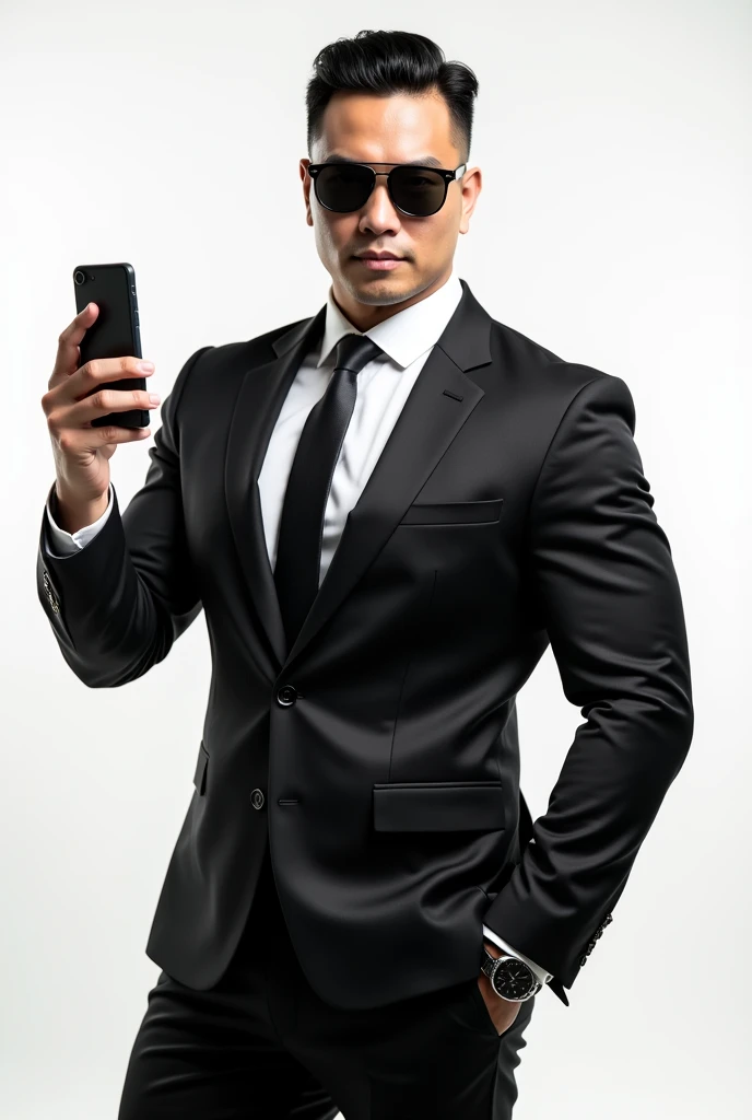 Asian strong buff man(He is strong,buff,confident, wears a suit and sunglasses and look fearless.)hand up phone with white background