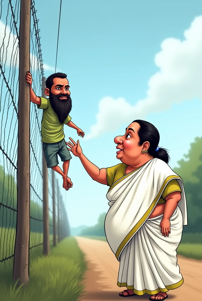 Mamta benergee in at bangladesh boarder wearing white saree and remove the bar hanging rope taken the bangladeshi man hanging over the fencing wire and show her hand to bangaladeshi man with big beard hand grab him over the fencing with mercy hand given him into the Indian boarder funny image cartoon character
This is the good image you provide more image provide please