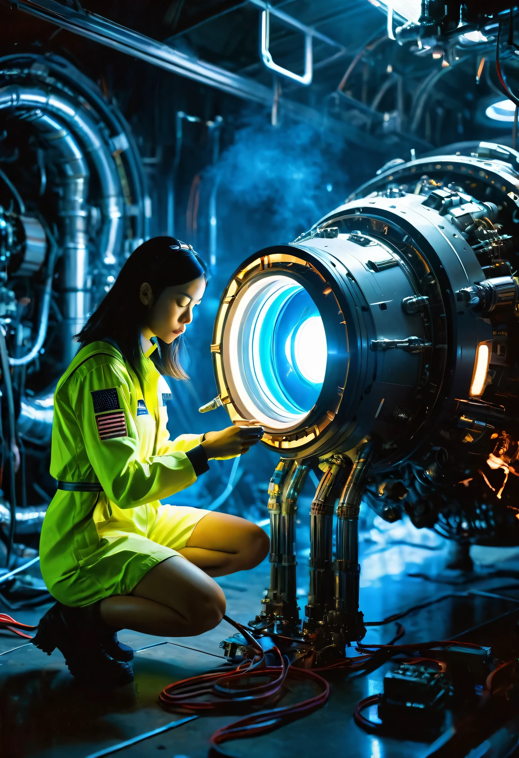 Candid photo of a female engineer repairing the engine of a huge spaceship, Wearing a tight futuristic space suit, masterpiece, (Beautiful and big eyes:1.1), Intricate details, Very complex iris, close, Neon Light, thick smoke, Cyberpunk atmosphere, Flash lighting, Shot with a Bolex H16, Expired Ektachrome film