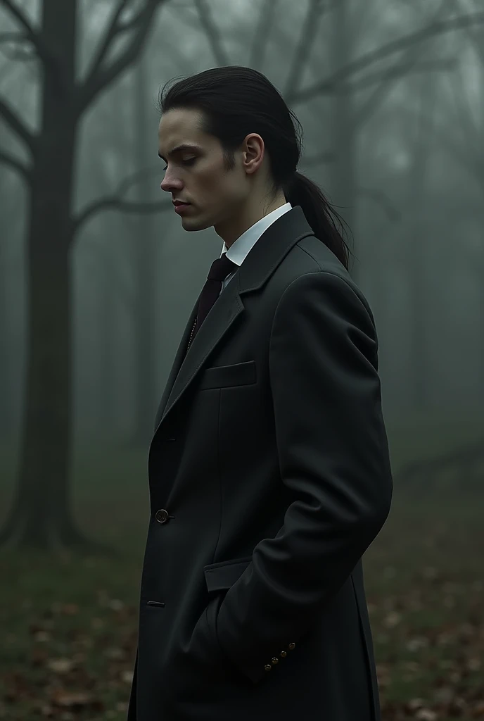I am a forest demolisher I am wearing formal clothing white shirt black pants straight dark hair blue eyes black drool white skin 