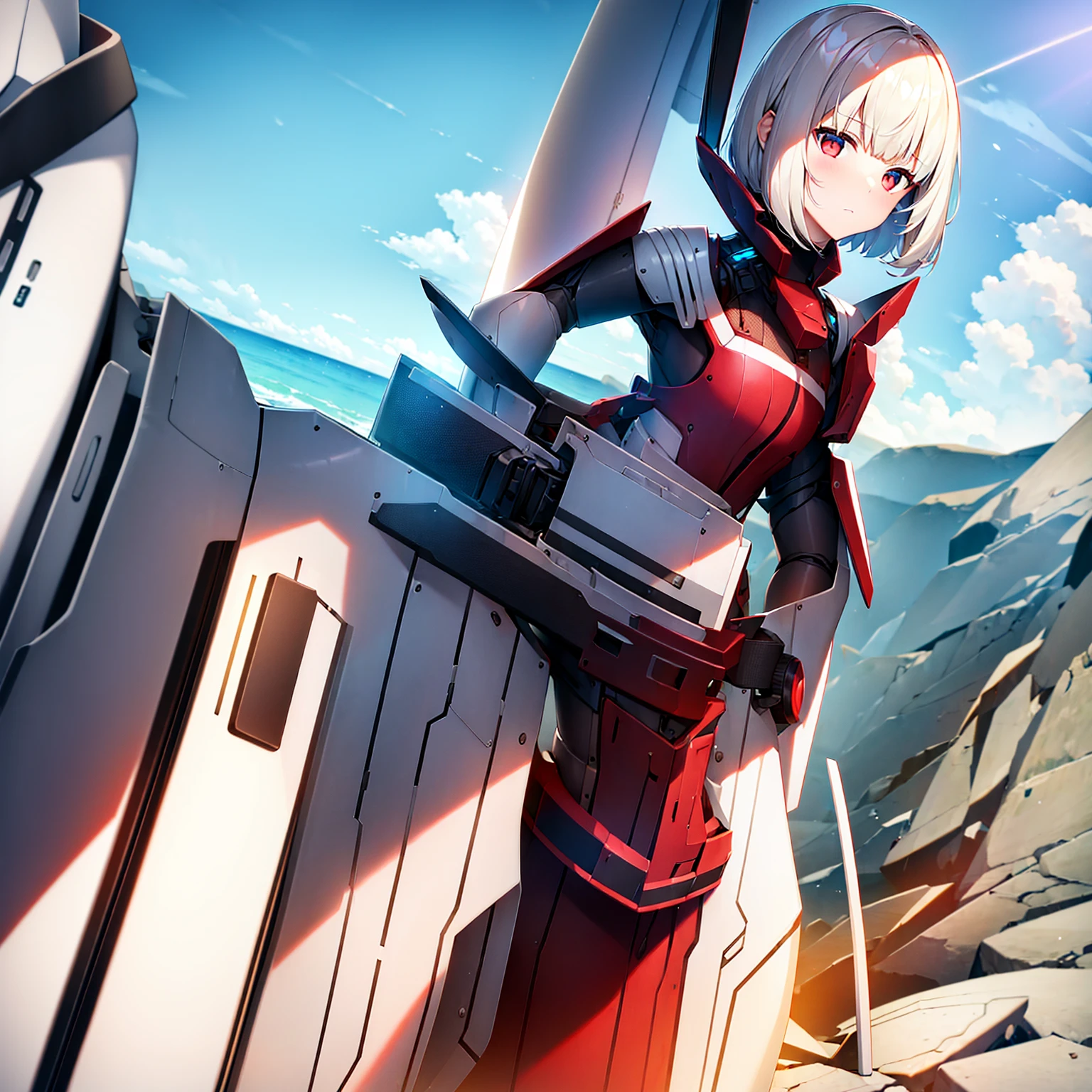 (girl)(white short hair)(red eyes)(Driving a large exoskeleton armor)(in combat)4K