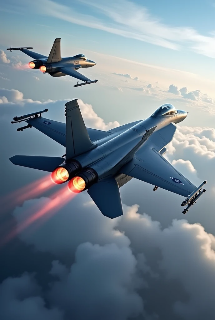 an f-18 chasing a mig 35 in the sky, afterburners on, fast