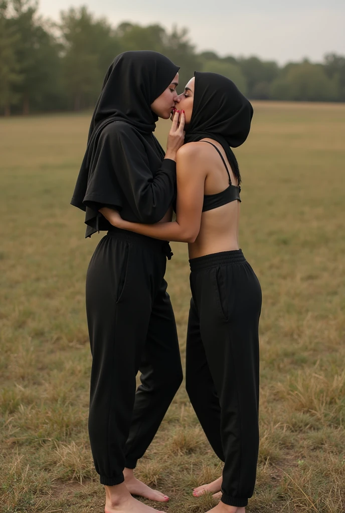 with black headscarf, barefoot, black sweatpants, braless woman, kissing her friend at a picnic