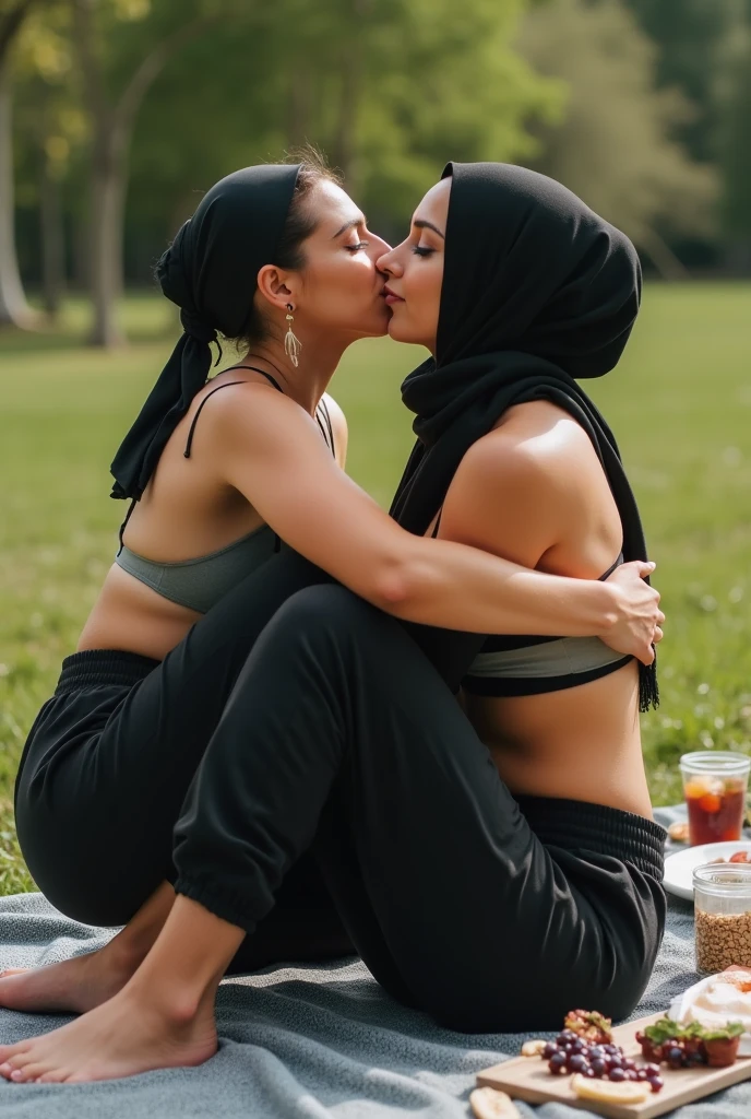 with black headscarf, barefoot, black sweatpants, braless woman, kissing her friend at a picnic