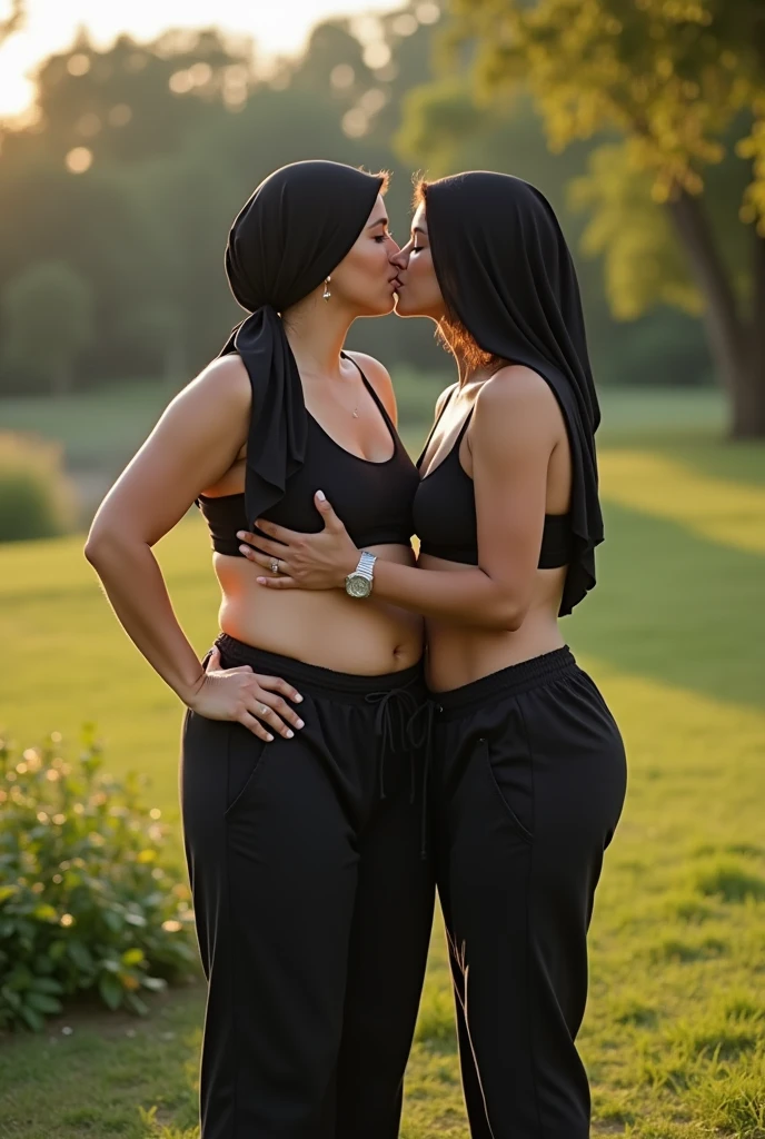 with black headscarf, barefoot, black sweatpants, braless woman, kissing her friend at a picnic