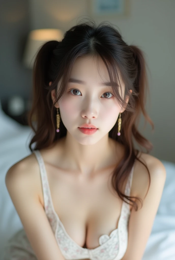 South Korean girl, sexy, beauty , Top half of the image, Realistic, South Korea. star, nude, Very good, nude, At the bed, Looking into the camera, Twin tails, Showing pussy, logic, 引き締まった腹logic, light makeup, White skin, beauty face