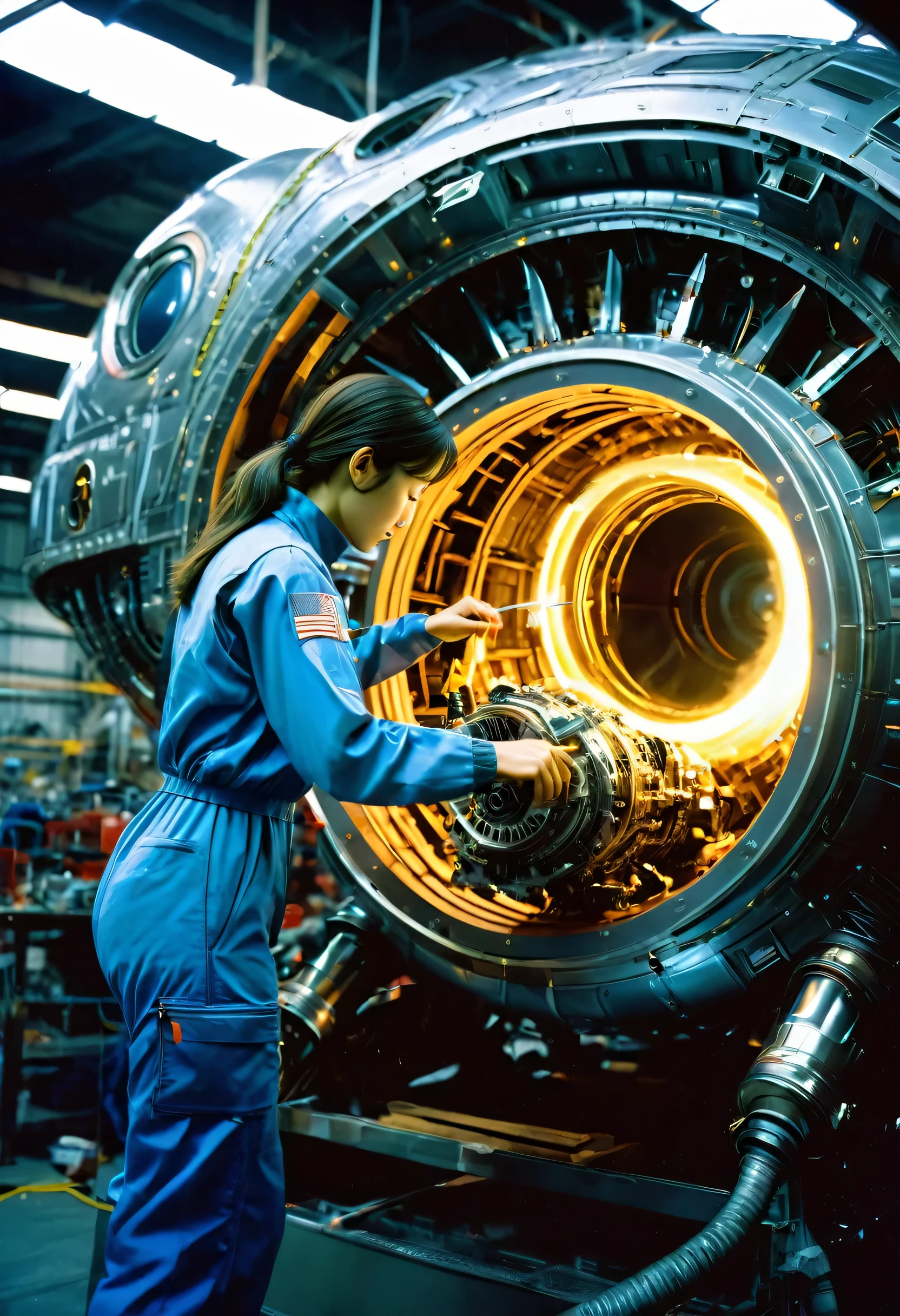 Candid photo of a female engineer repairing the engine of a huge spaceship, Wearing a tight futuristic space suit, masterpiece, (Beautiful and big eyes:1.1), Intricate details, Very complex iris, close, Neon Light, thick smoke, Cyberpunk atmosphere, Flash lighting, Shot with a Bolex H16, Expired Ektachrome film