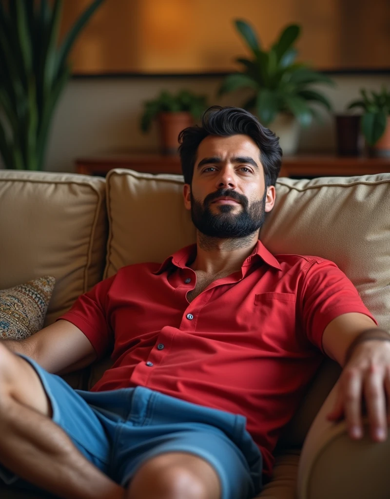 makes an image of a white man, model type, at 39 years old, com barba cortsda, dark hair, blue colored eyes, red shirt, blue shorts, Lying on a couch
