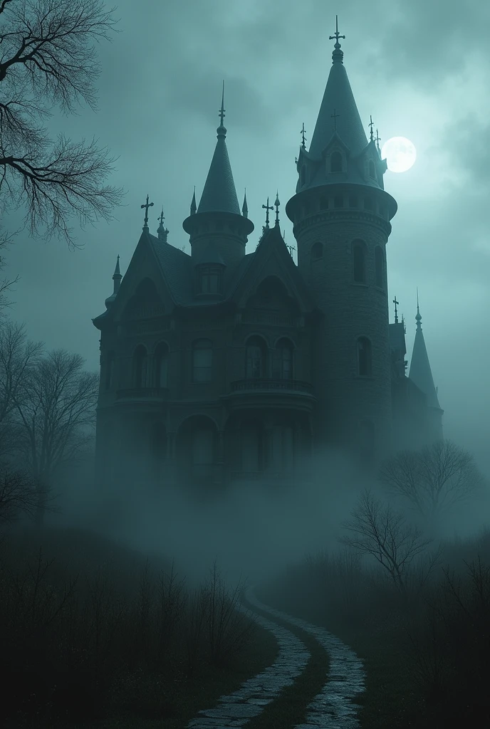 Create an image of an eerie and abandoned mansion, capturing a spooky and mysterious atmosphere. Show the mansion's tall, shadowy towers and spires, partially obscured by foggy