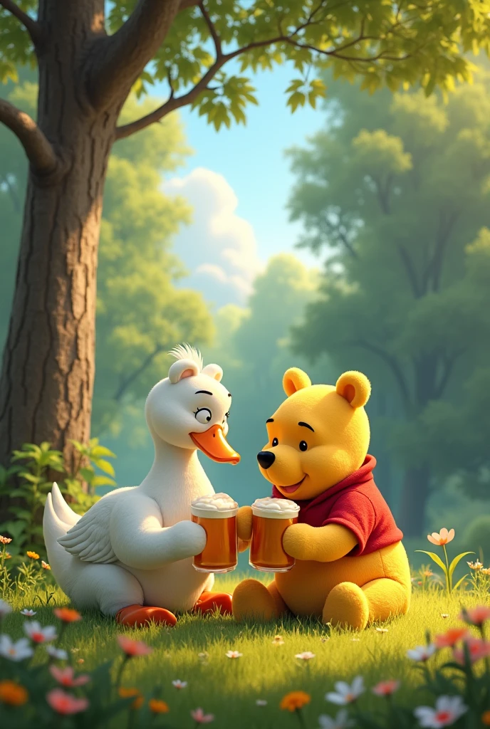 An elderly goose and Winnie the Pooh sit happily on the grass in the forest on a sunny summer day and drink beer from beer mugs