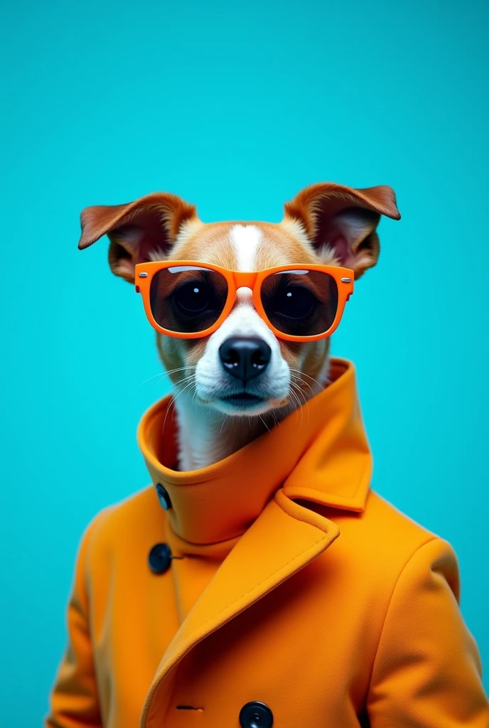 The best cell phone wallpaper, Award-Winning Wallpaper, portrait photography, In the front view is a portrait of a cute dog wearing mid-1960s space age fashion, Side view photo, Shot with Canon EOS R5, Set a strong contrast that accentuates the subject, Fluorescent blue tone, Wearing a very modern coat and sunglasses is a modern 1960s style, Clothes all in one color, beautiful background