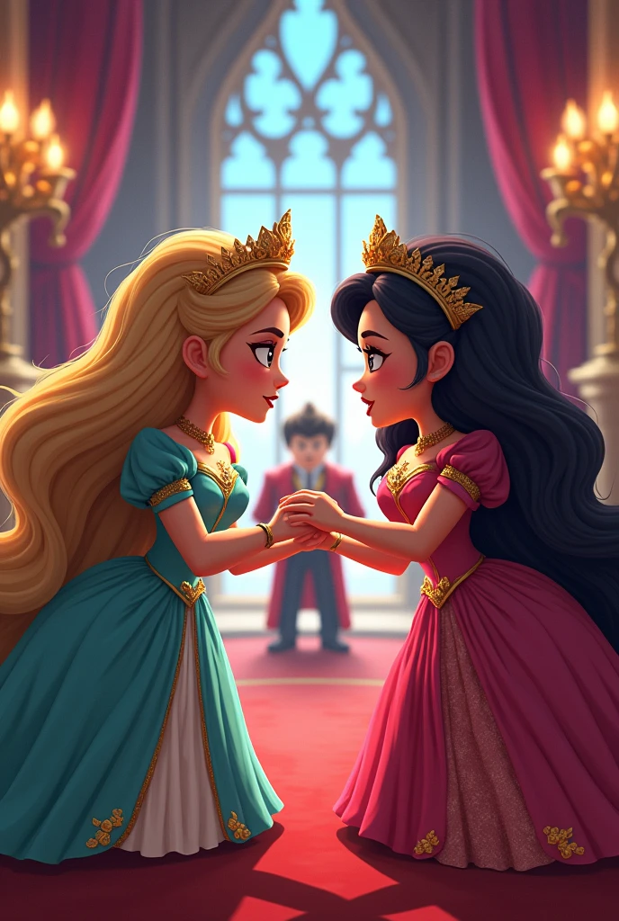 drawing of a cover about royalty about two princesses where one steals the other's boyfriend very angry they fight roblox style