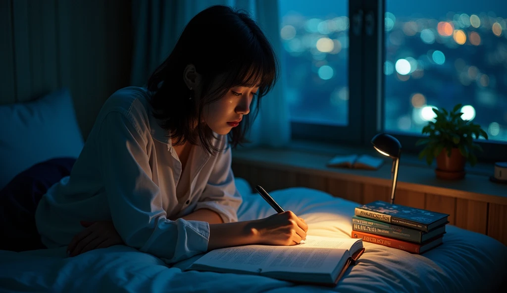 This photo was taken from an overhead angle.、beautiful japanese woman、It looks like he is studying hard in his room at night.。She holds a pen in a calm room.、silent々I am confronted with the text。You can see the night view of the city from the window。You can concentrate on your studies in the calm atmosphere of the evening.。