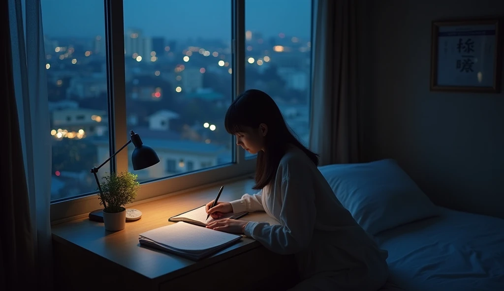 This photo was taken from an overhead angle.、beautiful japanese woman、It looks like he is studying hard in his room at night.。She holds a pen in a calm room.、silent々I am confronted with the text。You can see the night view of the city from the window。You can concentrate on your studies in the calm atmosphere of the evening.。