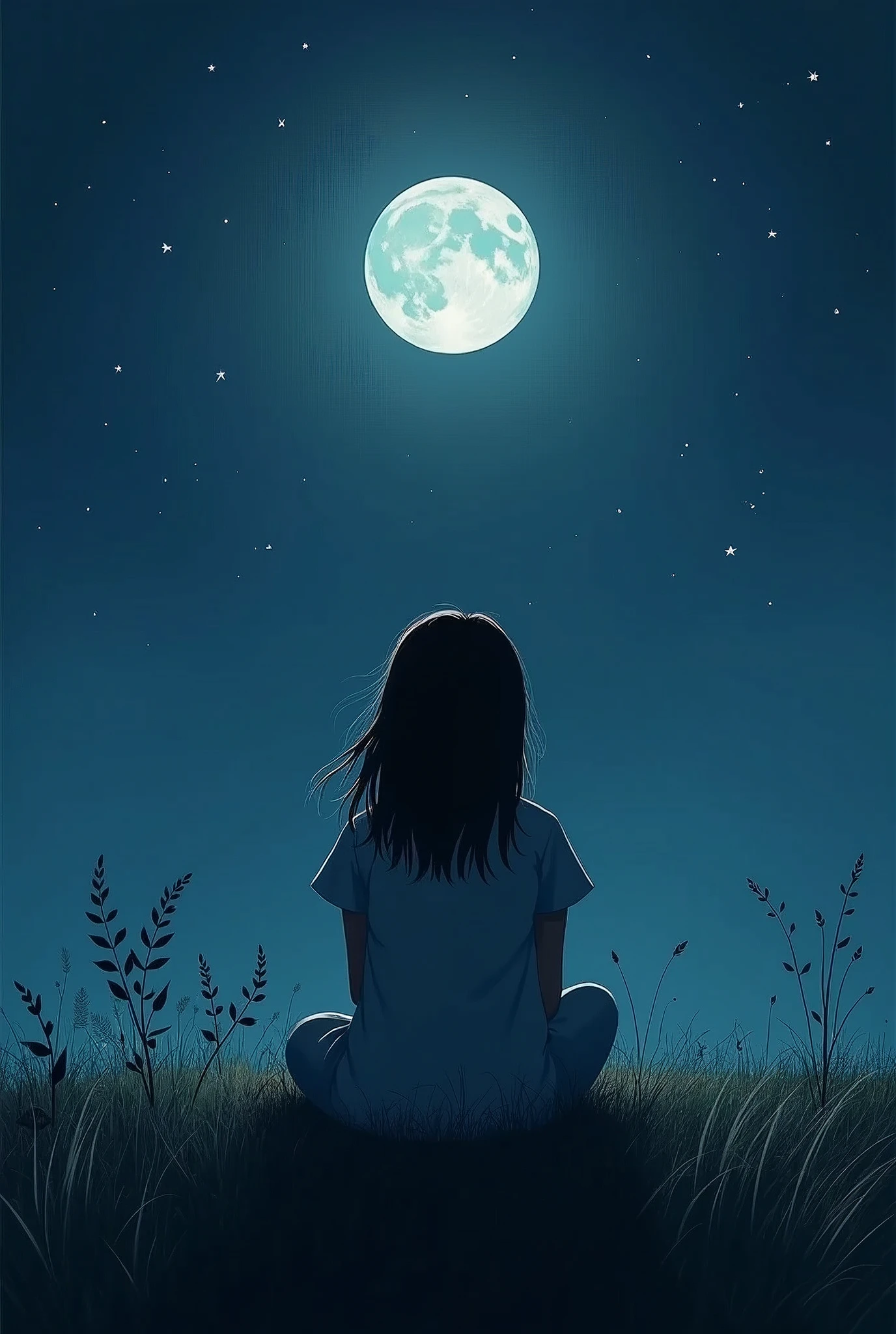 A girl sits on the grass at night and the moon shines