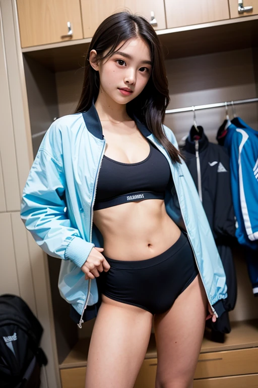 A high school girl who looks like an idol of the track and field club blushes in the locker room and tries to take off her competition uniform, which consists of a blue windbreaker and black sports bra.
