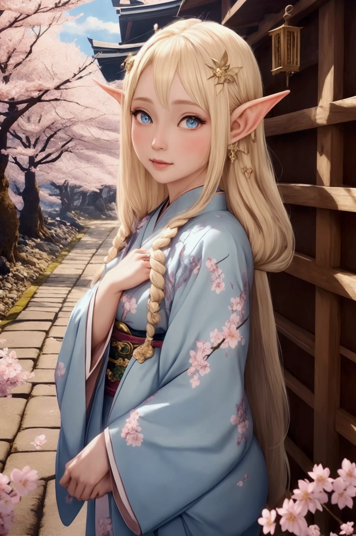 Mount Fuji, cherry blossoms and elves, Japan, Beautiful elven woman, Professional Lighting, 8k, masterpiece, ears are long and pointed, Blonde Hair, Beautiful blue eyes, Fantasy Characters, Big eyes, A happy look, Walking along the path leading to Mount Fuji, Fantasy clothing, Anime elves in a real-life setting, ears are long and pointed