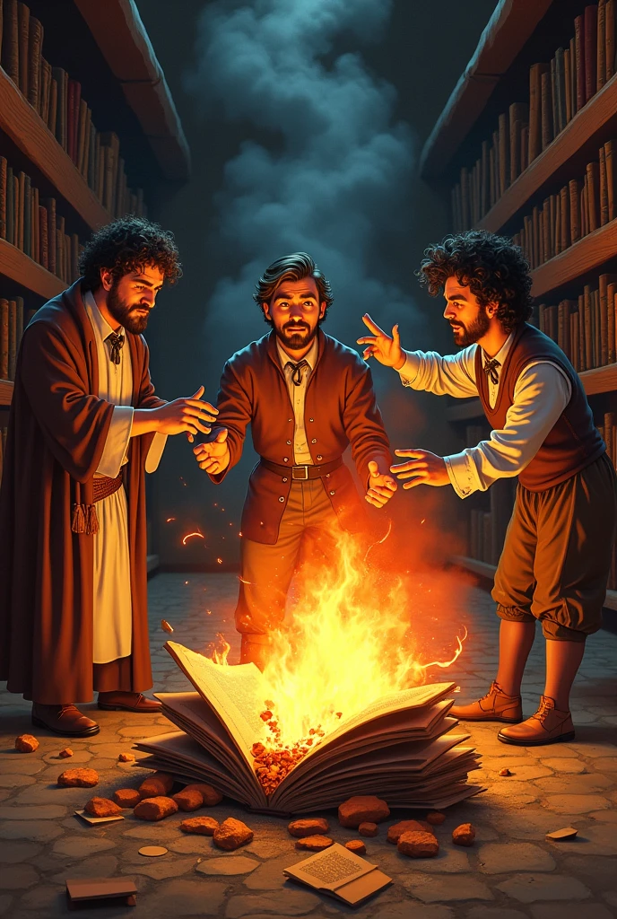 Recreate the scene where the priest, Don Quixote's barber and housekeeper burn his books of chivalry, not so realistic