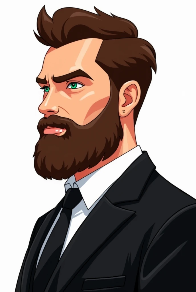 The image shows a stylized illustration of a man with brown, hair and a full beard that matches the hair color. His facial features are sharp and angular, giving him a strong and striking appearance. The man is dressed in a formal black suit, white shirt, and black tie, giving him a professional look. The suit contrasts with his vibrant hair and beard. The background of the image is transparent, allowing the character to stand out.. The overall style of the illustration is modern and dynamic, with a focus on bold colors and strong contrasts. he is turned to the side and looking completely to the side his eyes are bright greenish blue
