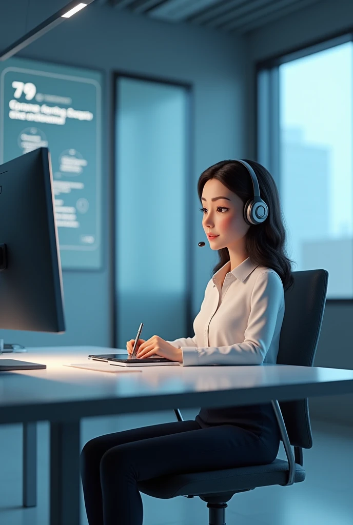 Create an image of a busy virtual assistant answering a phone and writing down information