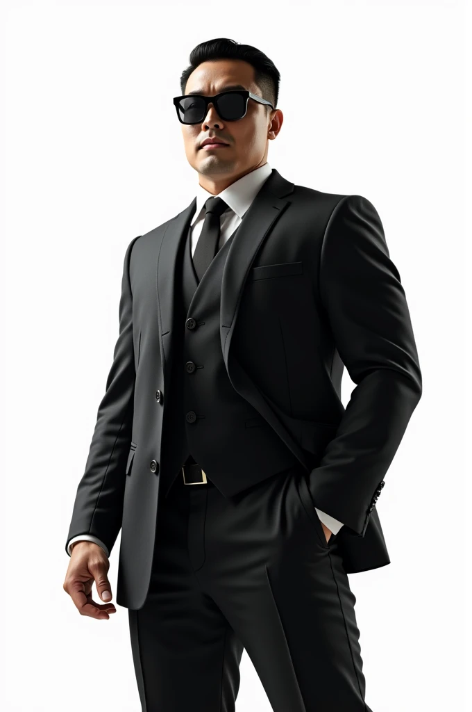 Asian strong buff man(He is strong,buff,confident, wears a suit and sunglasses and look fearless.)dropping hand with white background