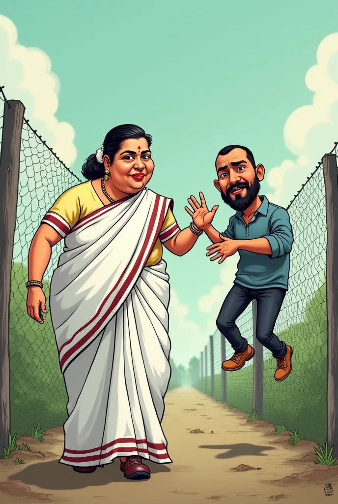 Mamta benergee in at bangladesh boarder wearing white saree and remove the bar hanging rope taken the bangladeshi man hanging over the fencing wire and show her hand to bangaladeshi man with big beard hand grab him over the fencing with mercy hand given him into the Indian boarder funny image cartoon character
This is the good image you provide more image provide please the man hanging from outer side please show fatty Mamta benergee
Look like a pure Mamta benergee face provide please