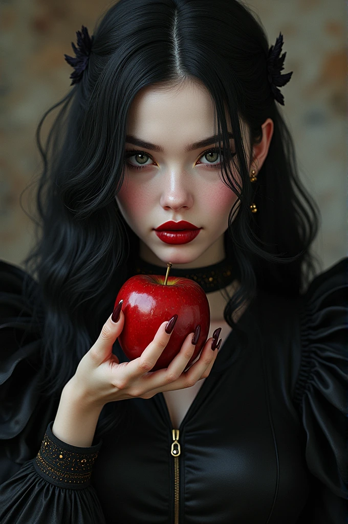 ((RAW Photo), absurd, (absurdresolution)), masterpiece, best quality, (Extremely detailed 8k unity CG wallpaper), (best illustration), (best shadow), Realistic lighting, beautiful detailed glow, ((21 years old)), girl, long black hair, black queen, accessories, apple in hand, poisoned apples, witch queen, red lipstick, (((Photographic Perspective of her)))