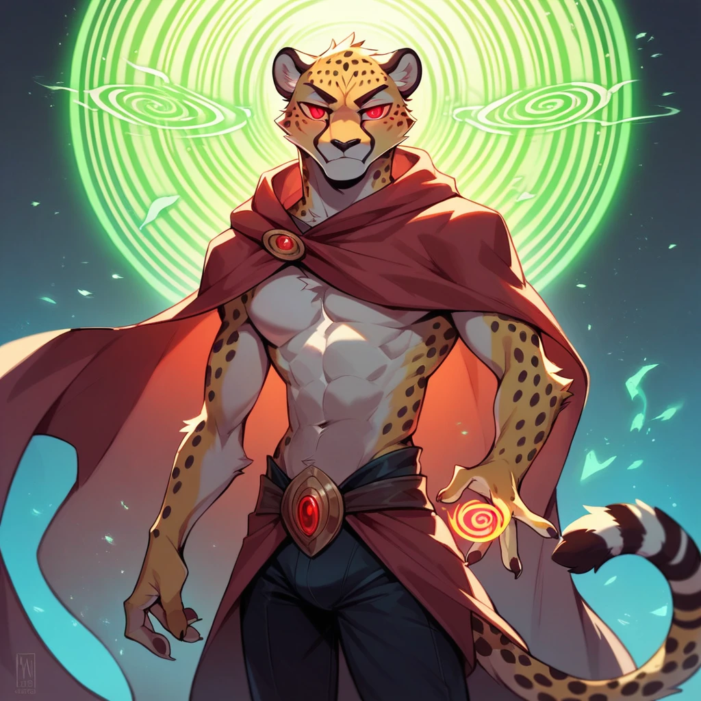 Furry ((anthro)), slim build, God, wearing silk clothes, male, hi res, vibrant, cinematic, ((three eyes)), cheetah, cloak, (perfect red eyes), (((shadow magic))), (suggestive pose), fur, tight clothing, (black magic), mind control