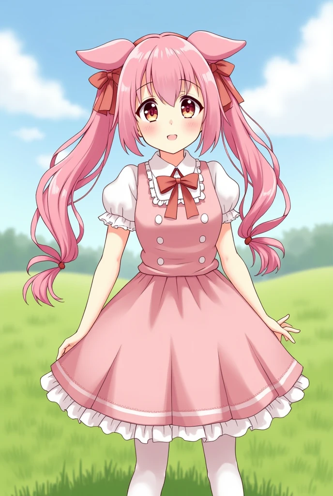 Women　cute　Long Hair　Twintails　Ribbon on head　Dog ears　Anime Style　
      Lolita dress　The background is a grassland　Her hair color is pink.　With pannier
