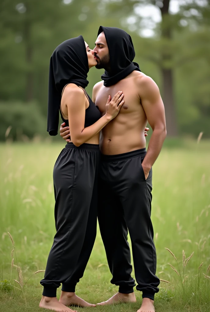 with black headscarf, barefoot, black sweatpants, braless woman, at the picnic. Kissing with her boyfriend