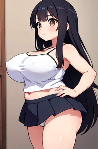 (((high quality, High resolution, Finer details))),Japanese women, face,Iris,Brown eyes,iris,Black Hair,bangs,Long hair down the back,,Straight hair,Soft lips,Fat muscle,(Big Breasts),plump belly,A little bigger ass,camisole,mini skirt,((Show your face)),(Front view).erect under cloths.
