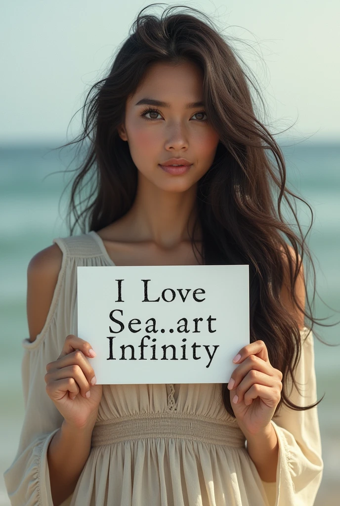 Beautiful girl with wavy long hair, bohemian dress, holding a white board with text "I Love Seaart Infinity" and showing it to the viewer