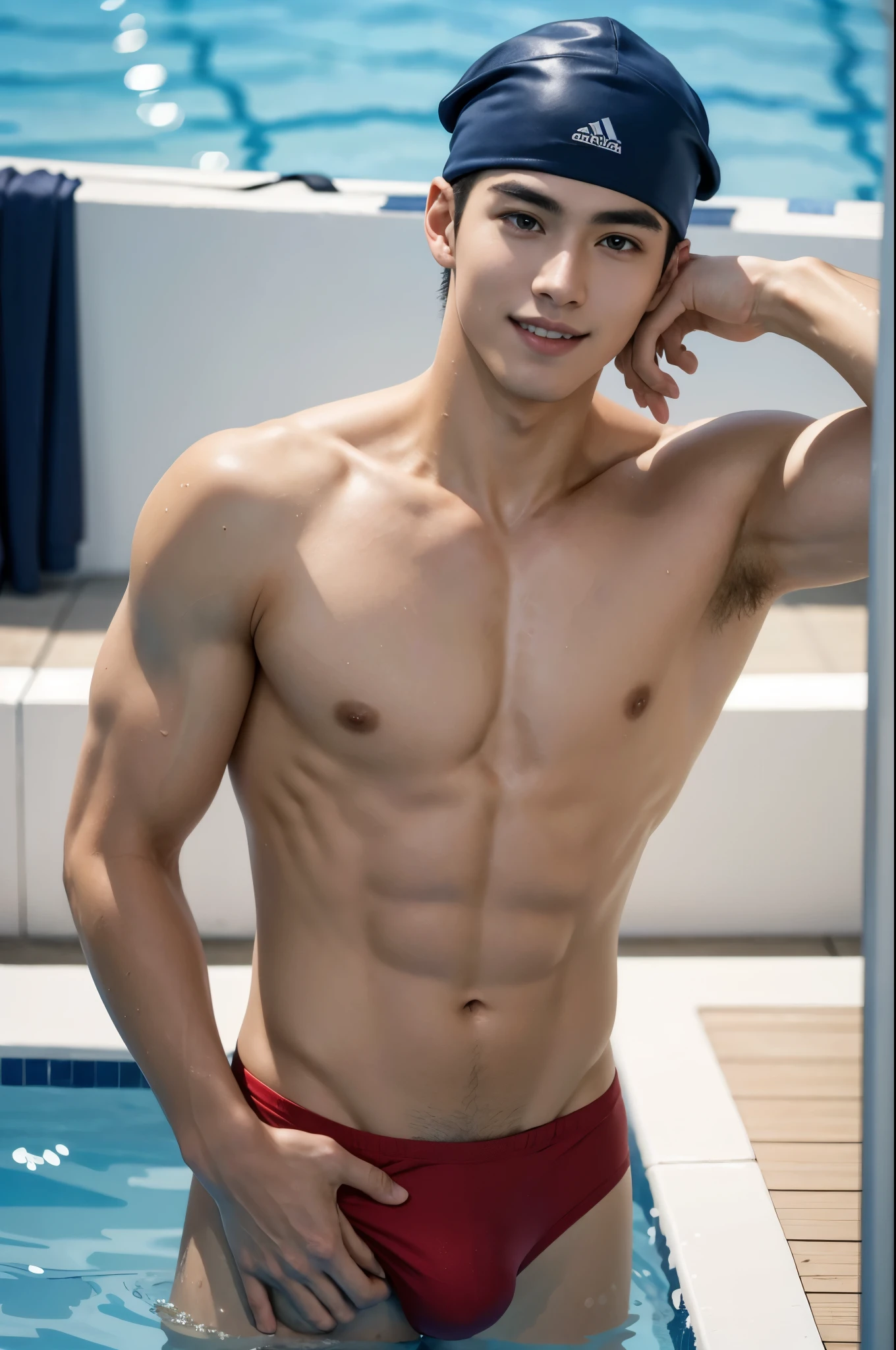 One male, Realistic, 8k full body portrait, good looking, 20-year-old male, Attractive appearance, Detailed face, A swimmer is waiting for the results to be announced at the pool, A swimmer is getting ready on the starting block,Bikini pants,Upper body naked,Japanese,Disheveled Hair,smile,Competitive swimming caps