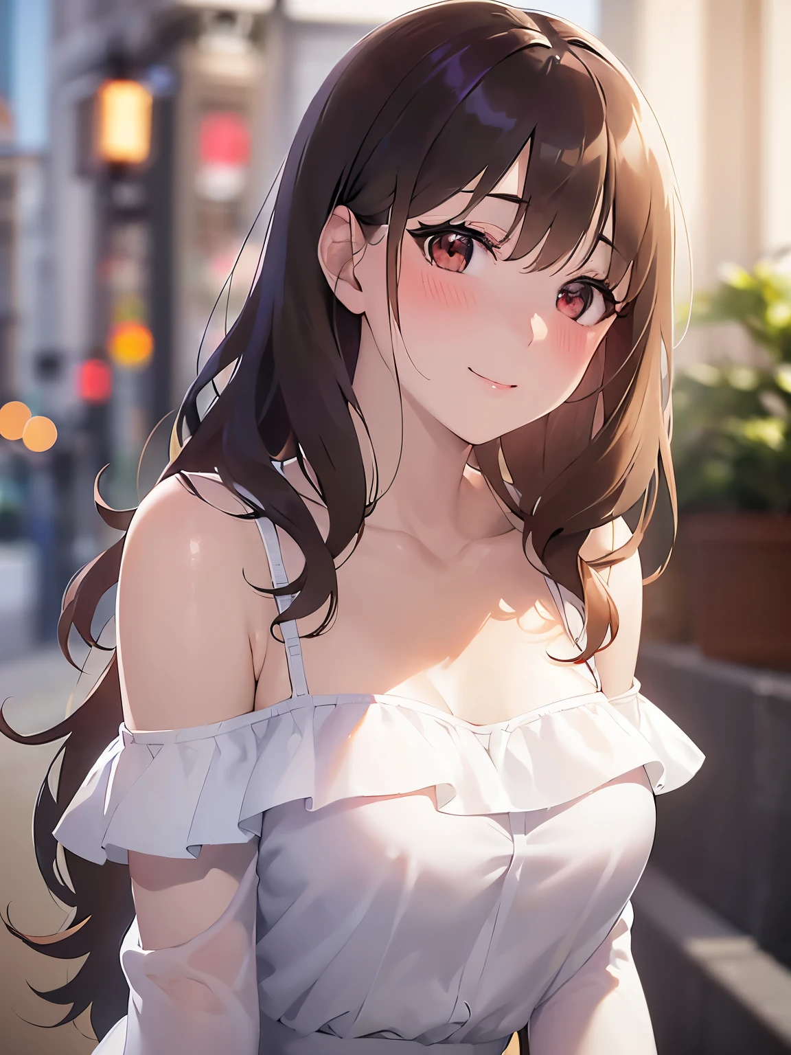 leaning forward、Upper Body, Realistic, real person, (pale skin: 1.2), RAW photo, photorealistic, shiny skin, shiny hair、(A 25-year-old woman with medium-length hair and bangs) and (wavy hair) and (brown hair) and (orange eyes) , (white) and (off shoulder blouse) 、(blush:1.5), smile, Background is white、Alone、Are standing