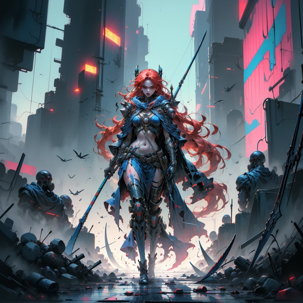 Beautiful Death with a scythe, long red hair, full length girl, Girl in a robe, Cyberpunk style, Against the backdrop of the apocalypse, in hands a scythe with blue painting, there is a dead man underfoot