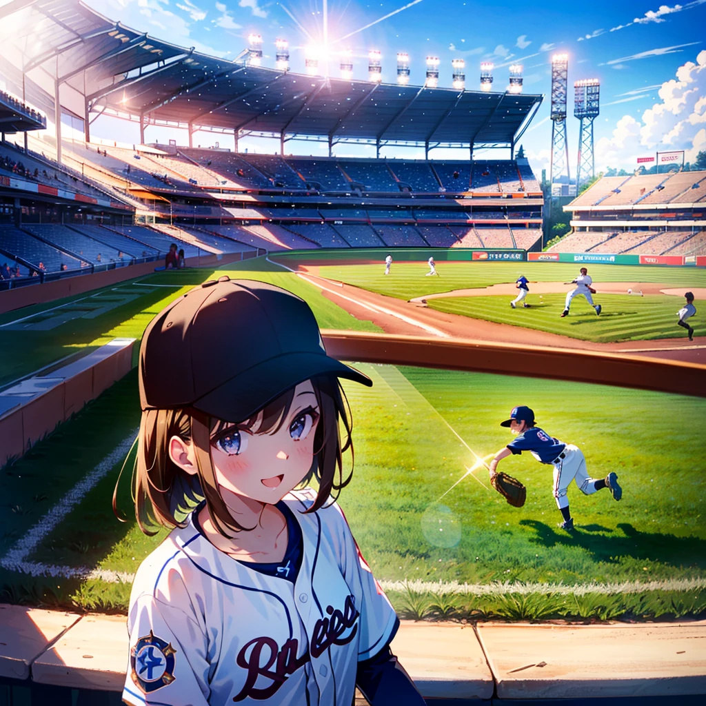 hires, colorful, very aesthetic, su---per delicate, absurdres, masterpiece, best quality, ephemeral,delicate,1girl, break, mature_female,refreshing, Tyndall Phenomenon, lens_flare, cinematic shadows, depth of field, morning dew, A cheerful young girl, with shoulder-length brown hair, She is wearing a baseball cap with her favorite team's logo and a matching jersey. clearly excited as she watches the baseball game. The stadium is filled with other fans, and the field is visible in the background, with players in action. The atmosphere is lively, with bright lights illuminating the field and a clear blue sky above.