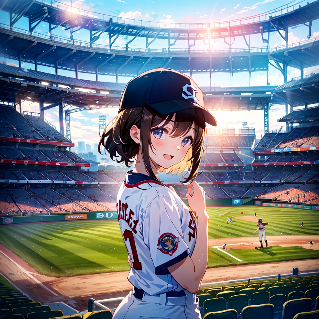 hires, colorful, very aesthetic, su---per delicate, absurdres, masterpiece, best quality, ephemeral,delicate,1girl, break, mature_female,refreshing, Tyndall Phenomenon, lens_flare, cinematic shadows, depth of field, morning dew, A cheerful young girl, with shoulder-length brown hair, She is wearing a baseball cap with her favorite team's logo and a matching jersey. clearly excited as she watches the baseball game. The stadium is filled with other fans, and the field is visible in the background, with players in action. The atmosphere is lively, with bright lights illuminating the field and a clear blue sky above.