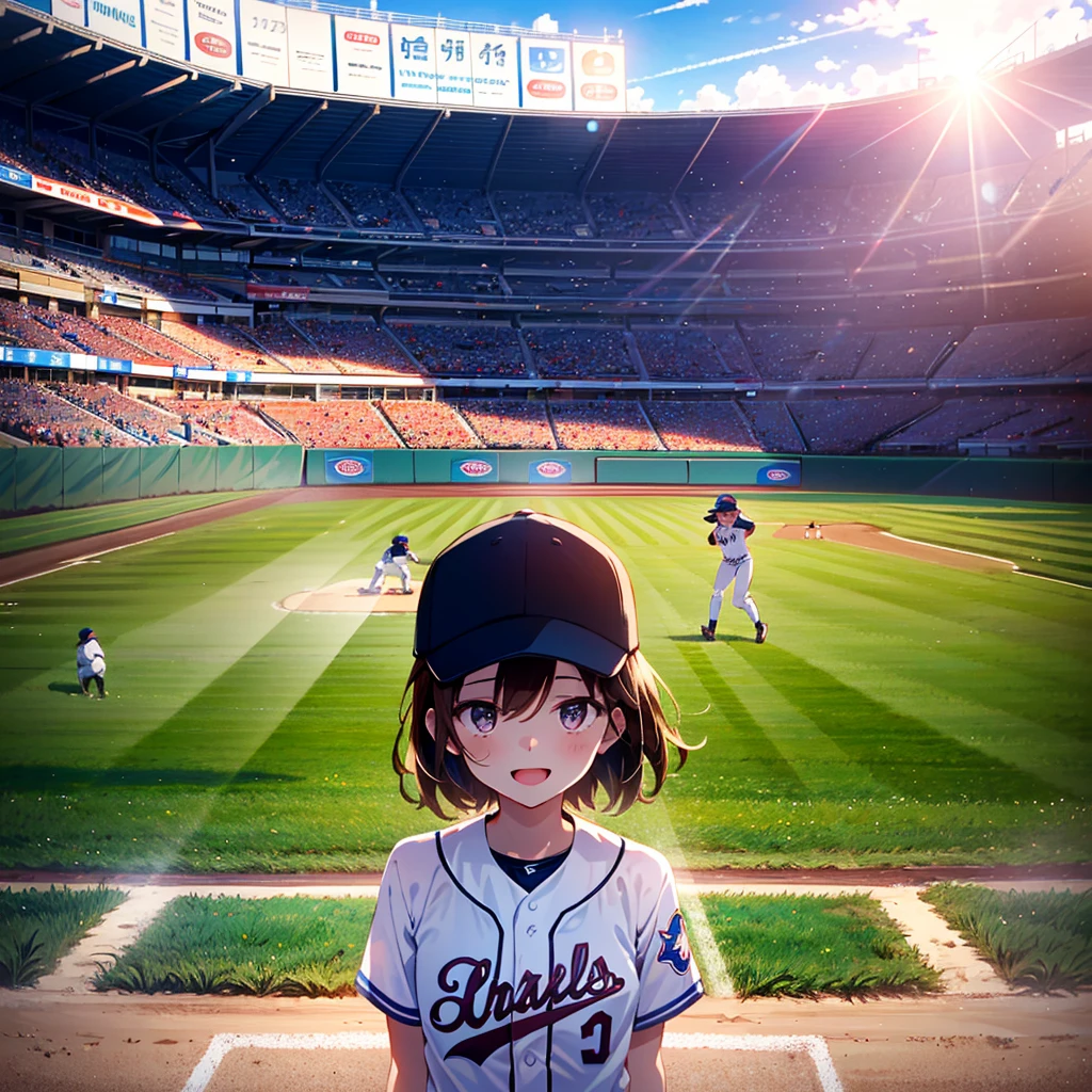 hires, colorful, very aesthetic, su---per delicate, absurdres, masterpiece, best quality, ephemeral,delicate,1girl, break, mature_female,refreshing, Tyndall Phenomenon, lens_flare, cinematic shadows, depth of field, morning dew, A cheerful young girl, with shoulder-length brown hair, She is wearing a baseball cap with her favorite team's logo and a matching jersey. clearly excited as she watches the baseball game. The stadium is filled with other fans, and the field is visible in the background, with players in action. The atmosphere is lively, with bright lights illuminating the field and a clear blue sky above.