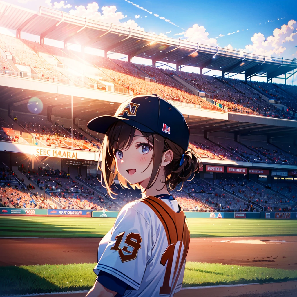hires, colorful, very aesthetic, su---per delicate, absurdres, masterpiece, best quality, ephemeral,delicate,1girl, break, mature_female,refreshing, Tyndall Phenomenon, lens_flare, cinematic shadows, depth of field, morning dew, A cheerful young girl, with shoulder-length brown hair, She is wearing a baseball cap with her favorite team's logo and a matching jersey. clearly excited as she watches the baseball game. The stadium is filled with other fans, and the field is visible in the background, with players in action. The atmosphere is lively, with bright lights illuminating the field and a clear blue sky above.