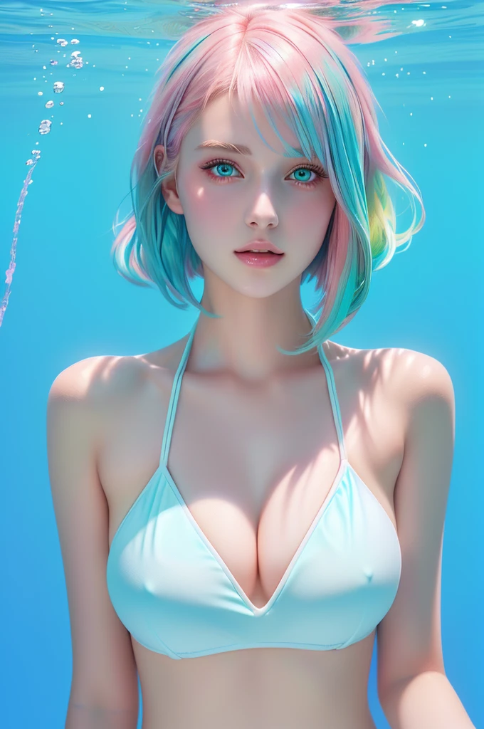 A woman in a bikini is underwater on a blue background, ((white bikini)), (cropped hair:1.4) Amazing digital illustrations, Beautiful digital artwork, colorful hair, green eyes, (pink hair:1.15) 20 years old, 1 girl, realistic digital illustration, Beautiful digital painting, Shiny digital painting, beautiful