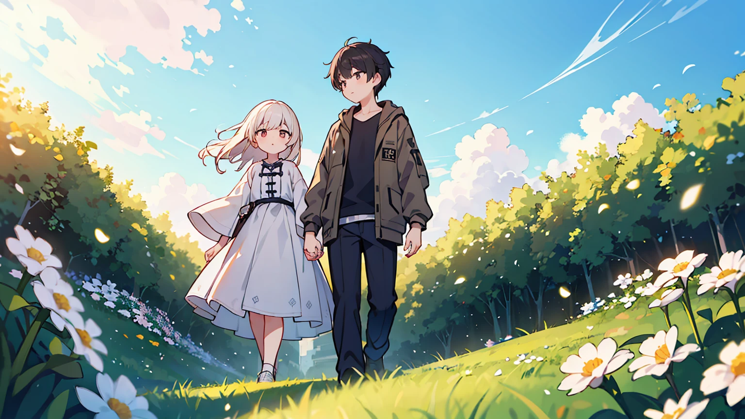(걸작, 최고의 품질),Create an image of a couple holding hands, walking up a set of stairs towards a beautiful blue sky with fluffy clouds. The scene conveys a sense of romance and connection, integrated into the sky as if part of the cloudscape. The ground is covered with lush green grass and dotted with white flowers, enhancing the dreamy and serene atmosphere. 등장인물은 상세하게 그린다 눈 코 입 얼굴 자세히 보이게,상체
