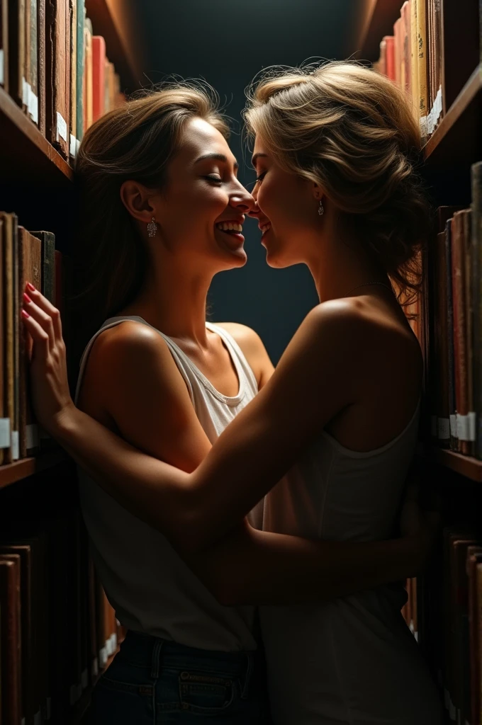 score_9, score_8_up, score_7_up, source_real 1boy, 1girl, mature female is smiling, teacher and student, kid, kiss, student's back against the wall, (student is clinging on teacher), in a dark library,