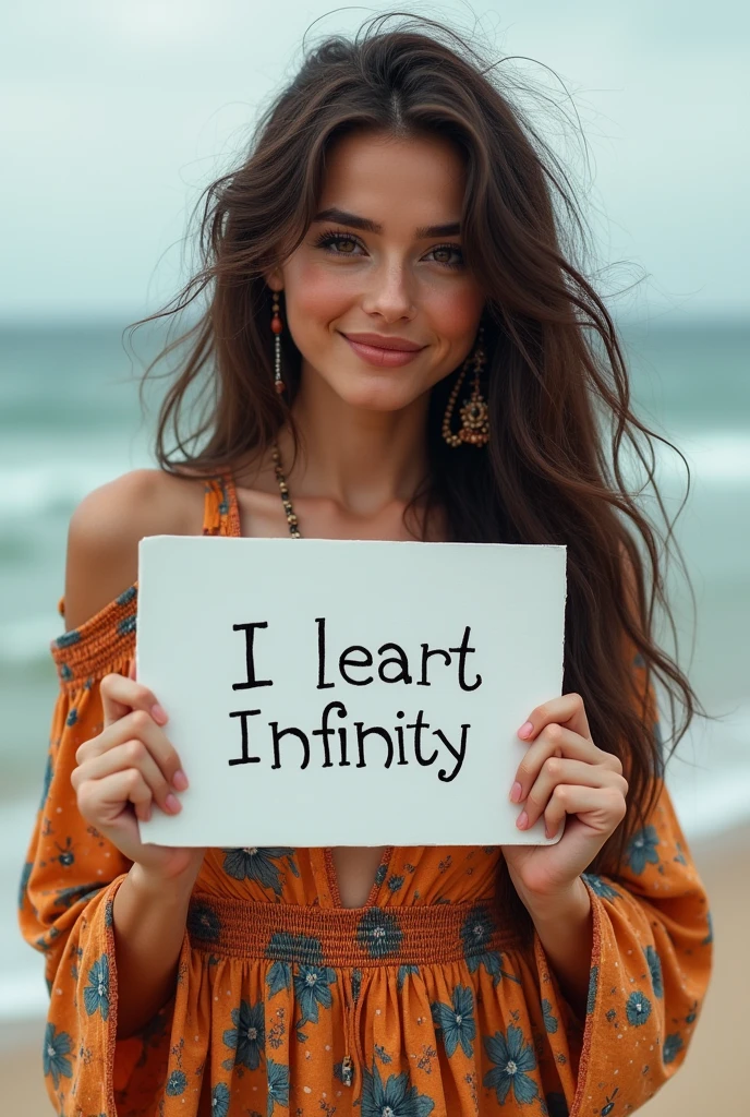 Beautiful girl with wavy long hair, bohemian dress, holding a white board with text "I Love Seaart Infinity" and showing it to the viewer