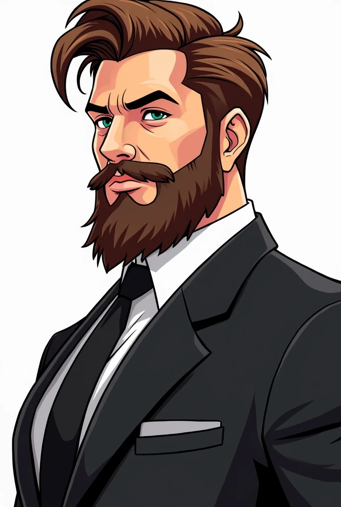 The image shows a stylized illustration of a man with brown, hair and a full beard that matches the hair color. His facial features are sharp and angular, giving him a strong and striking appearance. The man is dressed in a formal black suit, white shirt, and black tie, giving him a professional look. The suit contrasts with his vibrant hair and beard. The background of the image is transparent, allowing the character to stand out.. The overall style of the illustration is modern and dynamic, with a focus on bold colors and strong contrasts. he is turned to the side and looking completely to the side his eyes are bright greenish blue