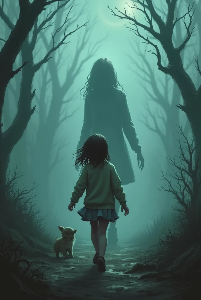 For your book cover, you could imagine a scene where a  is happily playing alone in a misty and spooky setting reminiscent of Silent Hill. The  could be shown smiling and playing innocently in the foreground, perhaps with a favorite toy or pet.

In the background, partially obscured by fog, you could depict the silhouette of a teenage girl ag8, looking sinister or mysterious as she spies on the younger girl. The contrast between the innocent child and the watchful teenager could crea sense of tension and intrigue for the viewer.

You could use a color palette of muted grays, blues, and greens to enhance the eerie atmosphere of the scene. Adding subtle details like twisted trees, distant shadows, or subtle hints of decay could further enhance the Silent Hill style of the cover.
