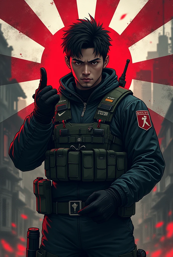 「Design a banner image for your YouTube channel。A male character reminiscent of a realistic Japanese soldier、Draw a strong, determined expression as he holds up his middle finger.。Characters、He is wearing a modern take on Japanese military uniforms and tactical equipment.、It symbolizes resistance and strength.。In the background、A dark and dilapidated urban environment、Subtly incorporates the Hinomaru flag and traditional Japanese symbols。To express game elements、Adding small elements of controllers and headsets、『Rebelling against globalism』The slogan is displayed in bold style text.。The overall color scheme is dark.、Red and white accents are used effectively.、Gives a powerful impression。」


